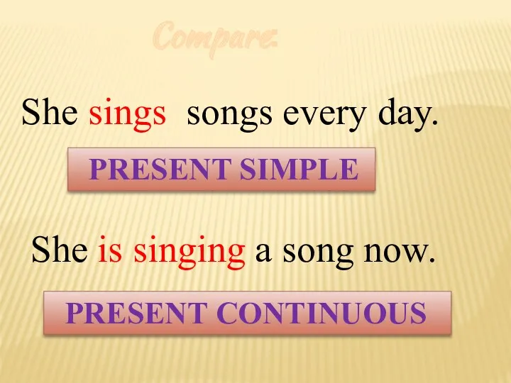 Compare: She sings songs every day. She is singing a song now. PRESENT SIMPLE PRESENT CONTINUOUS