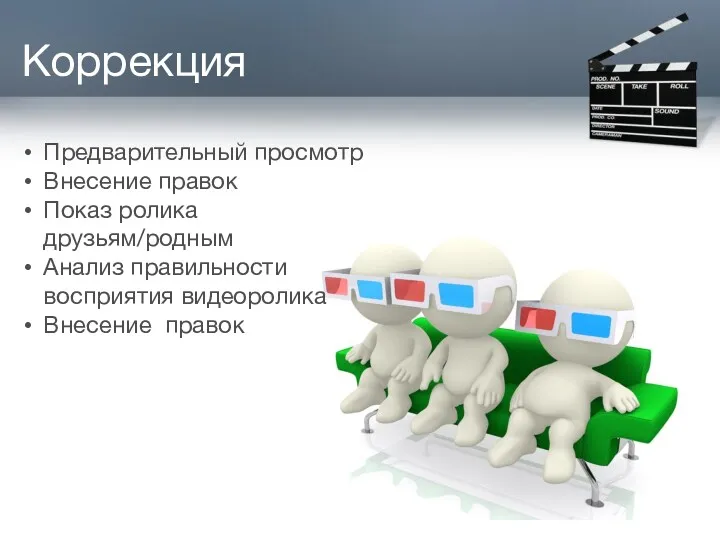 Коррекция Предварительный просмотр Внесение правок​ Показ ролика друзьям/родным Анализ правильности восприятия видеоролик​а Внесение правок​