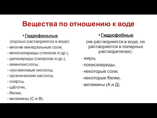 Вещества по отношению к воде Гидрофобные (не растворяются в воде,