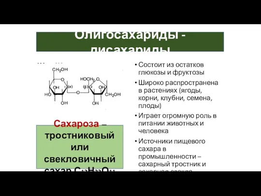 Олигосахариды - дисахариды Сахароза – тростниковый или свекловичный сахар С12Н22О11