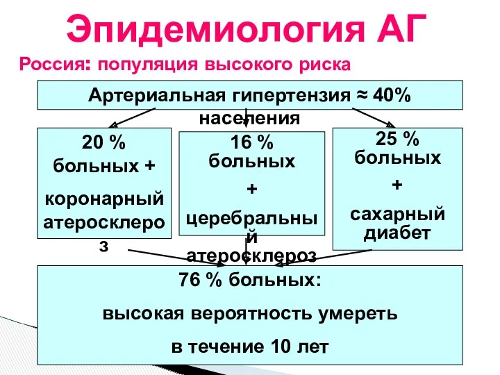 Россия: популяция высокого риска Артериальная гипертензия ≈ 40% населения 20