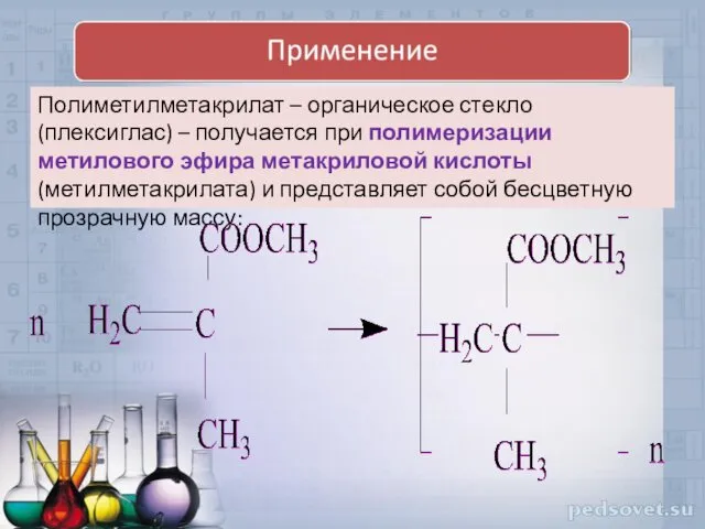 Полиметилметакрилат – органическое стекло (плексиглас) – получается при полимеризации метилового