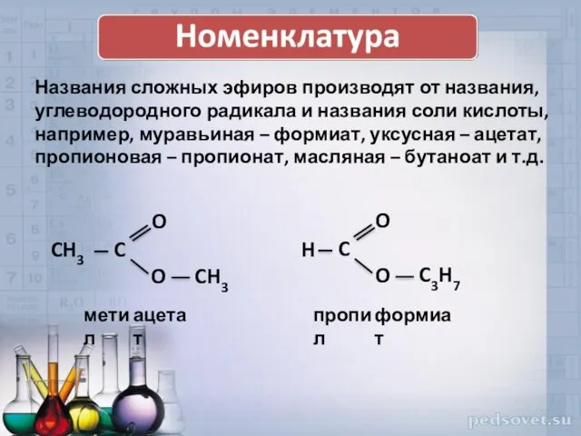 CH3 метил ацетат C3H7 пропил формиат Названия сложных эфиров про­изводят