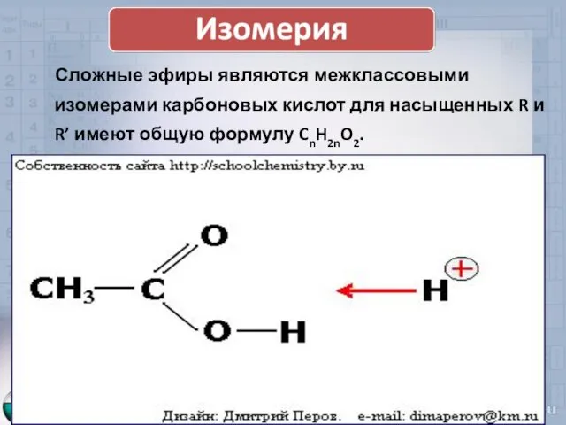 Сложные эфиры являются межклассовыми изомерами карбоновых кислот для насыщенных R и R’ имеют общую формулу CnH2nO2.