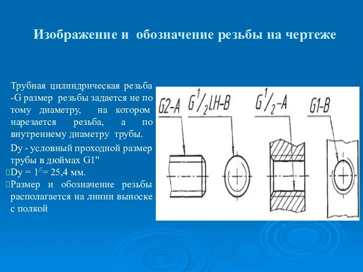 Изображение и обозначение резьбы на чертеже Трубная цилиндрическая резьба -G