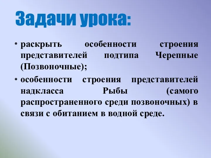 раскрыть особенности строения представителей подтипа Черепные (Позвоночные); особенности строения представителей