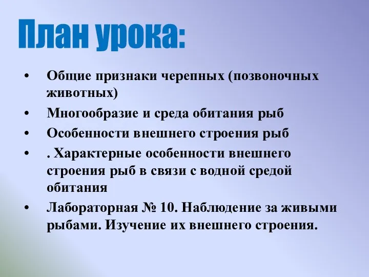 Общие признаки черепных (позвоночных животных) Многообразие и среда обитания рыб