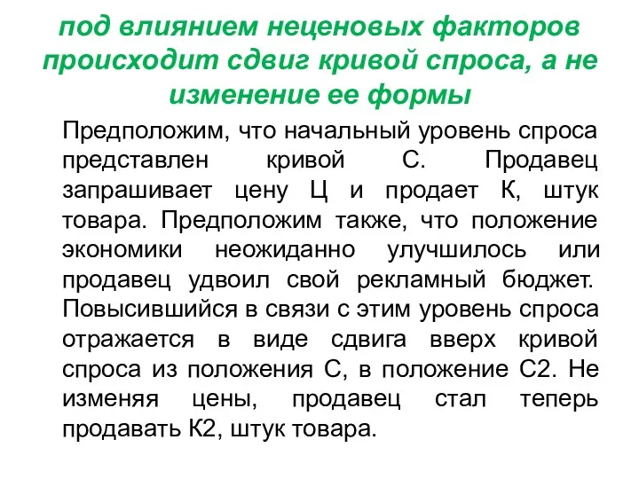 под влиянием неценовых факторов происходит сдвиг кривой спроса, а не