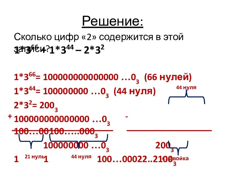 Решение: Сколько цифр «2» содержится в этой записи? 1*366= 100000000000000