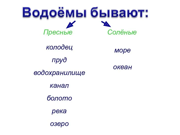 Пресные Солёные колодец пруд водохранилище канал болото река озеро море океан