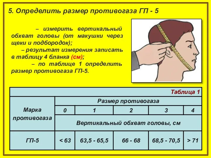 5. Определить размер противогаза ГП - 5 – измерить вертикальный обхват головы (от