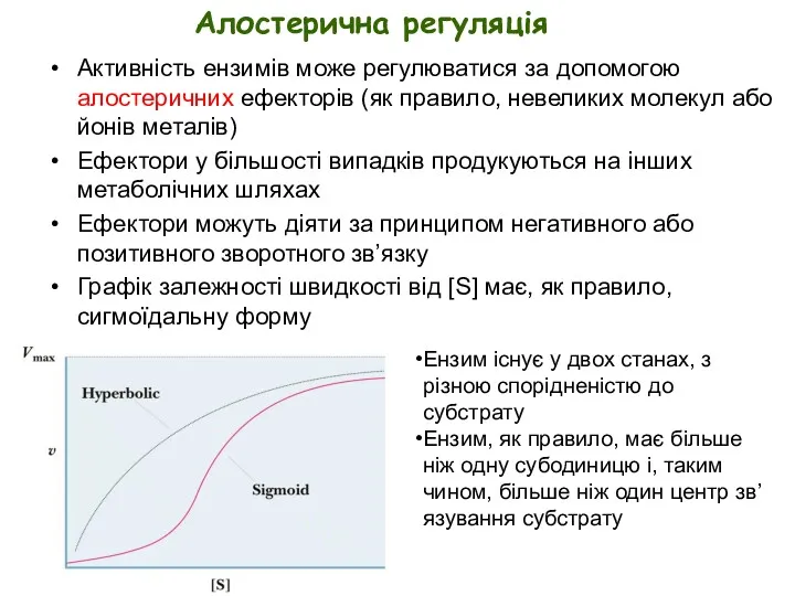 Алостерична регуляція Активність ензимів може регулюватися за допомогою алостеричних ефекторів