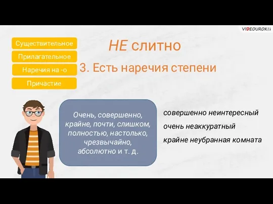 Существительное Прилагательное Причастие Наречия на -о НЕ слитно 3. Есть