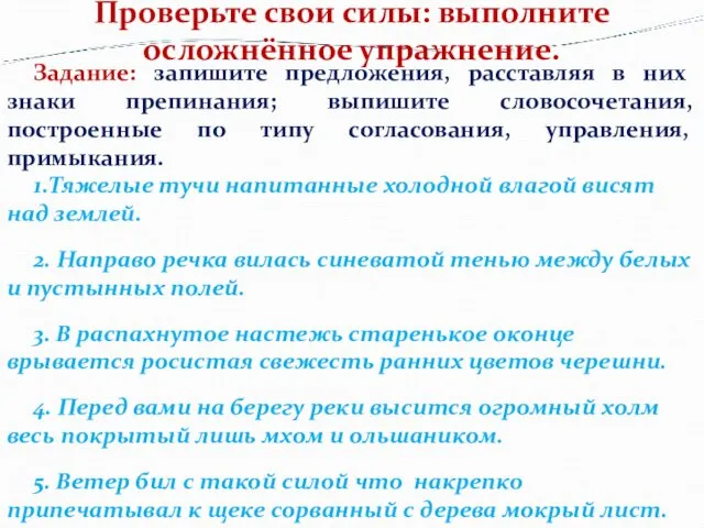 Задание: запишите предложения, расставляя в них знаки препинания; выпишите словосочетания,