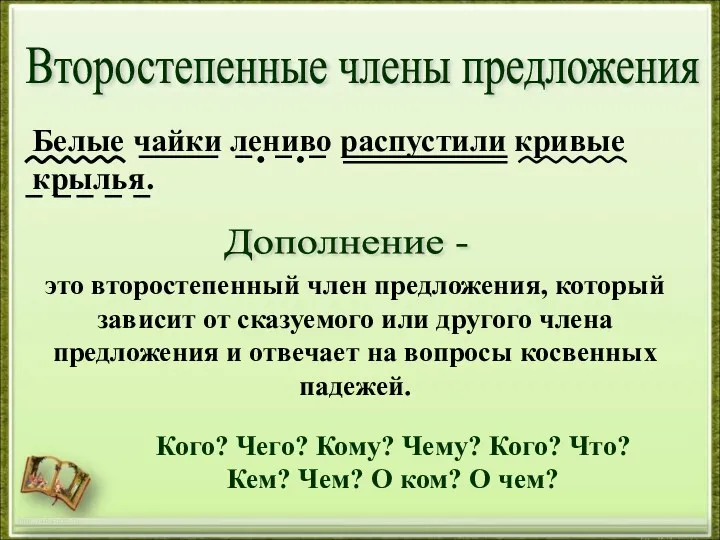 http://aida.ucoz.ru Белые чайки лениво распустили кривые крылья. Второстепенные члены предложения Дополнение - это