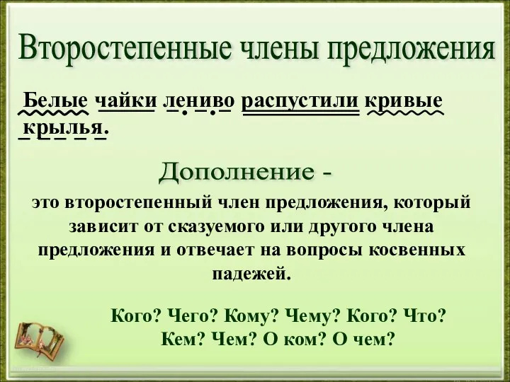 http://aida.ucoz.ru Белые чайки лениво распустили кривые крылья. Второстепенные члены предложения