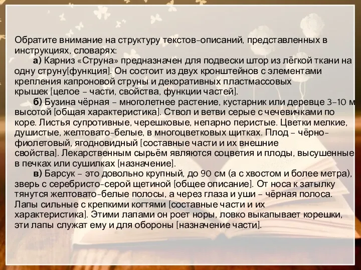 Обратите внимание на структуру текстов-описаний, представленных в инструкциях, словарях: а)