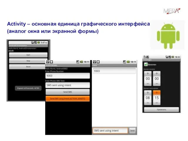 Activities Activity – основная единица графического интерфейса (аналог окна или экранной формы)