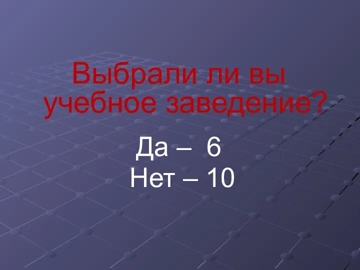 Выбрали ли вы учебное заведение? Да – 6 Нет – 10