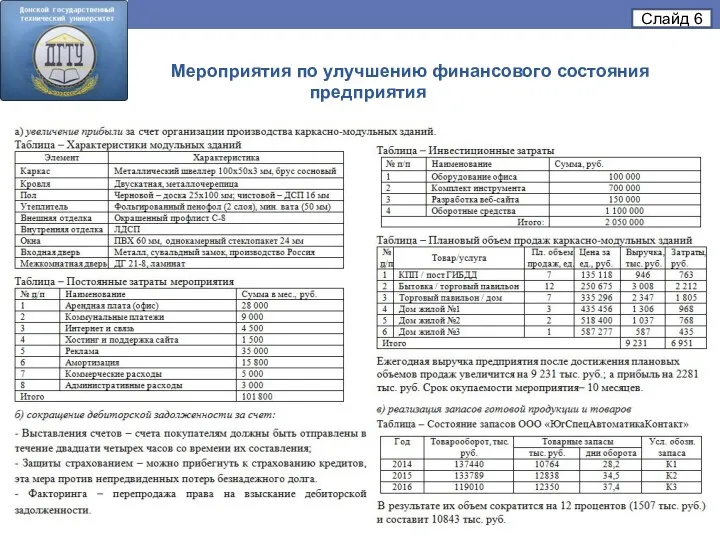 Мероприятия по улучшению финансового состояния предприятия Слайд 6