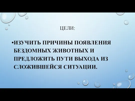 ЦЕЛИ: ИЗУЧИТЬ ПРИЧИНЫ ПОЯВЛЕНИЯ БЕЗДОМНЫХ ЖИВОТНЫХ И ПРЕДЛОЖИТЬ ПУТИ ВЫХОДА ИЗ СЛОЖИВШЕЙСЯ СИТУАЦИИ.