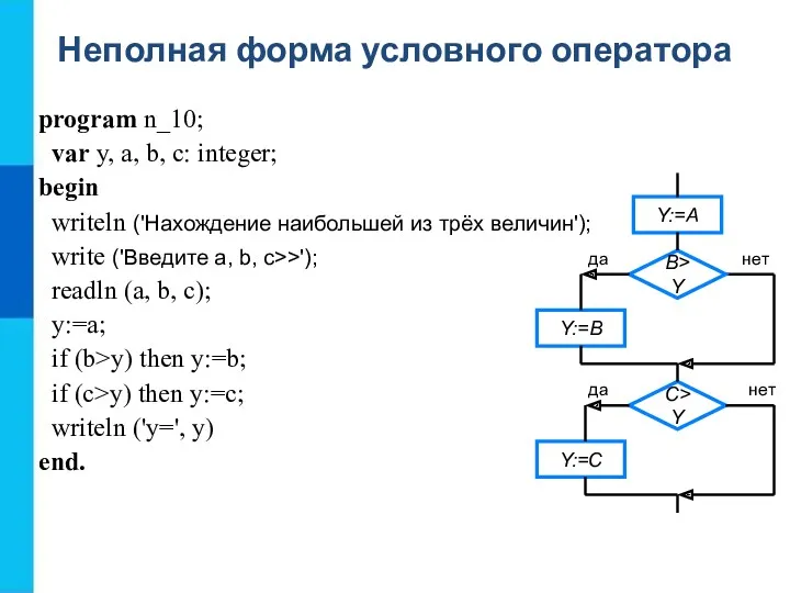 Неполная форма условного оператора program n_10; var y, a, b,