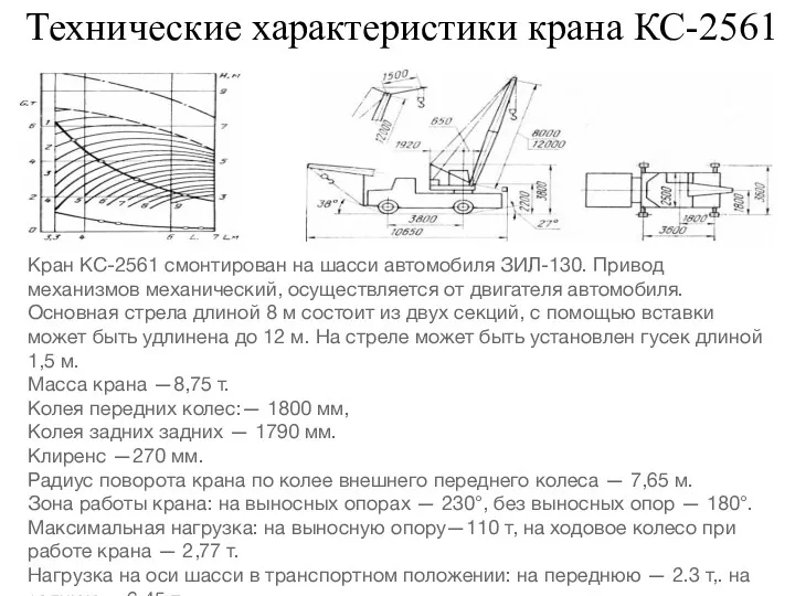 Технические характеристики крана КС-2561 Кран КС-2561 смонтирован на шасси автомобиля