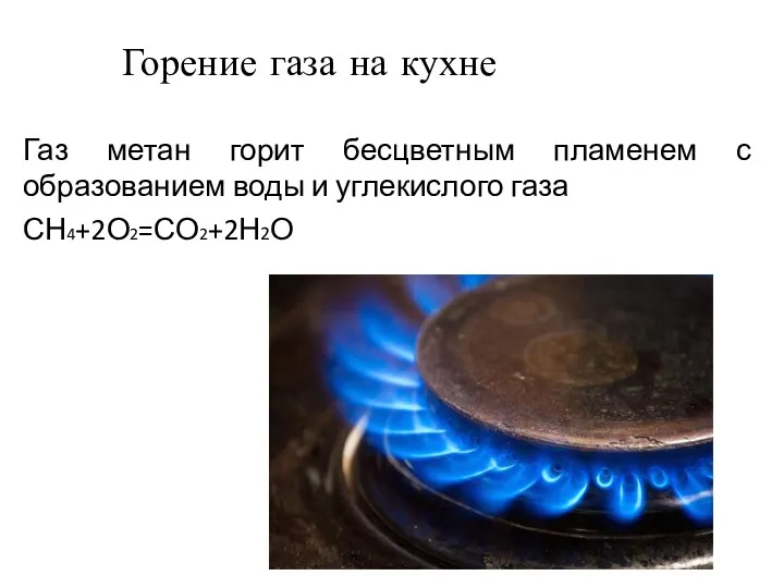 Газ метан горит бесцветным пламенем с образованием воды и углекислого газа СН4+2О2=СО2+2Н2О Горение газа на кухне