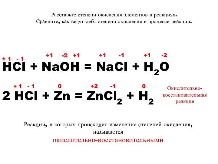 Расставьте степени окисления элементов в реакциях. Сравните, как ведут себя