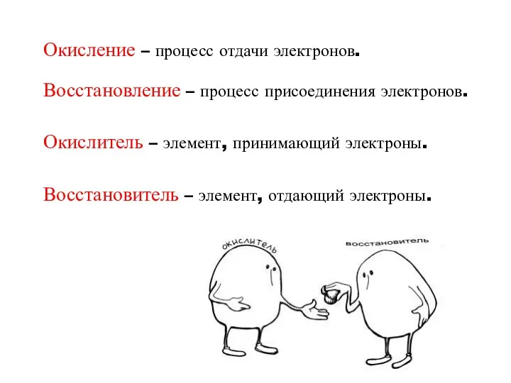 Окисление – процесс отдачи электронов. Восстановление – процесс присоединения электронов.