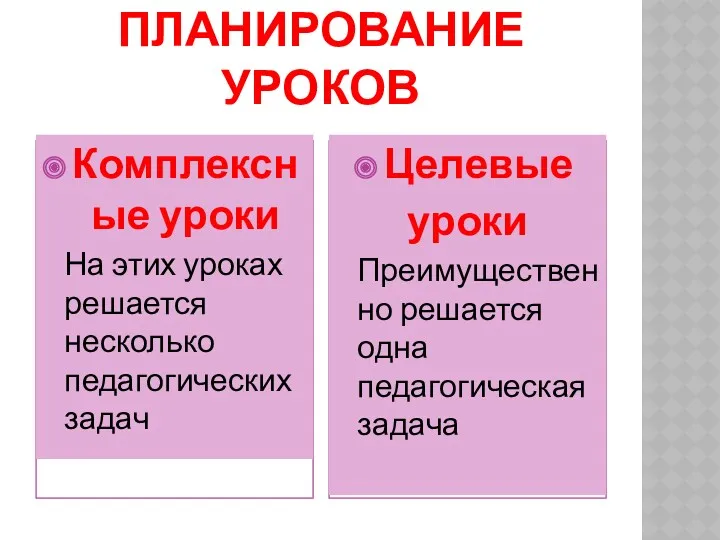 ПЛАНИРОВАНИЕ УРОКОВ Комплексные уроки На этих уроках решается несколько педагогических