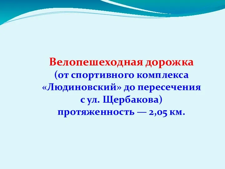 Велопешеходная дорожка (от спортивного комплекса «Людиновский» до пересечения с ул. Щербакова) протяженность — 2,05 км.