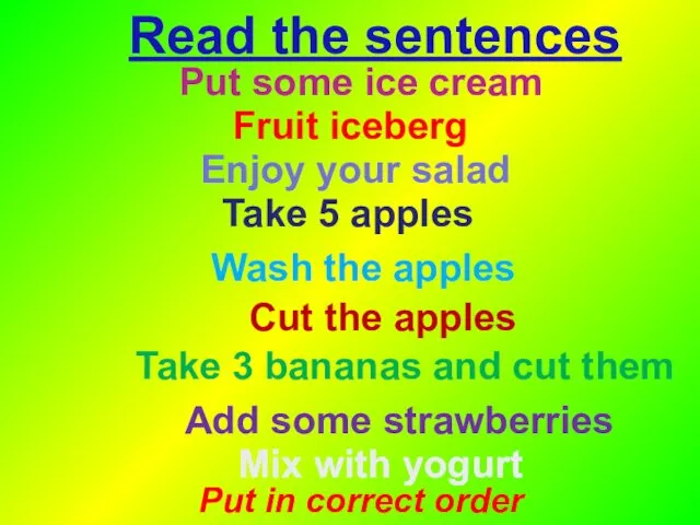 Fruit iceberg Put in correct order Take 5 apples Wash
