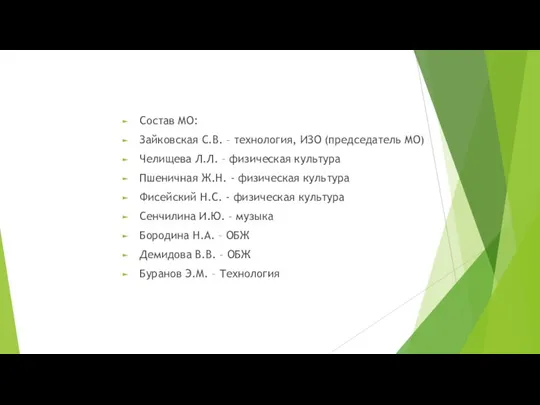 Состав МО: Зайковская С.В. – технология, ИЗО (председатель МО) Челищева