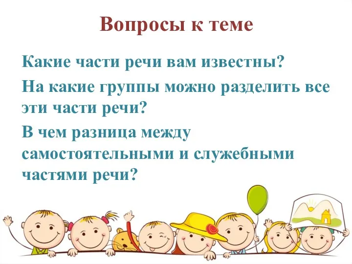 Вопросы к теме Какие части речи вам известны? На какие