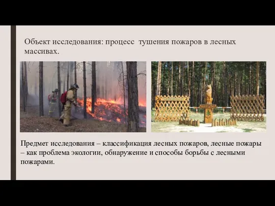 Объект исследования: процесс тушения пожаров в лесных массивах. Предмет исследования – классификация лесных