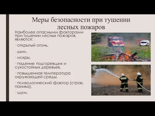 Меры безопасности при тушении лесных пожаров Наиболее опасными факторами при тушении лесных пожаров,