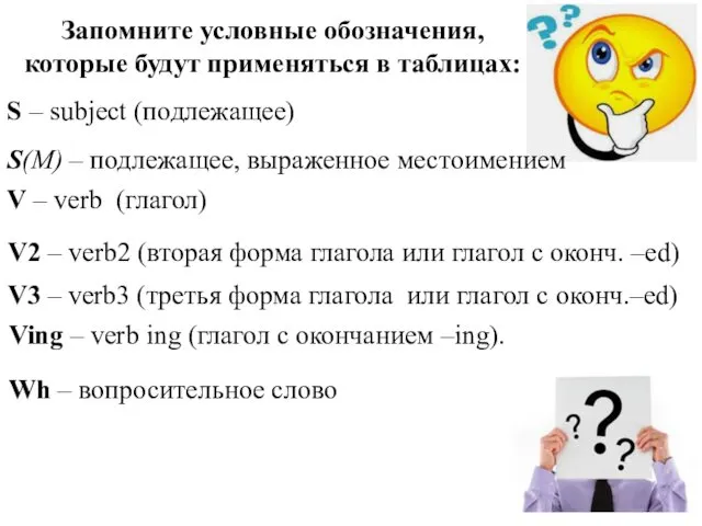 Запомните условные обозначения, которые будут применяться в таблицах: S –