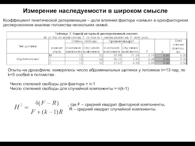 Измерение наследуемости в широком смысле Коэффициент генетической детерминации – доля