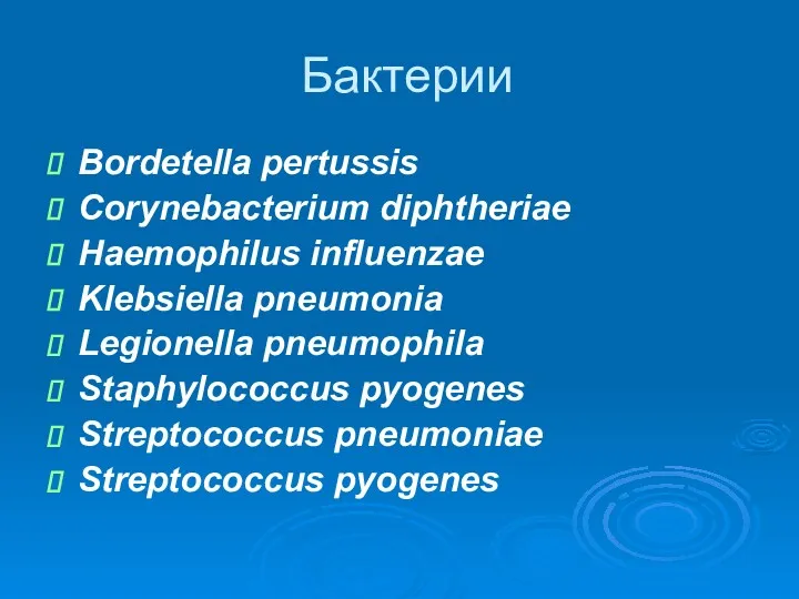 Бактерии Bordetella pertussis Corynebacterium diphtheriae Haemophilus influenzae Klebsiella pneumonia Legionella