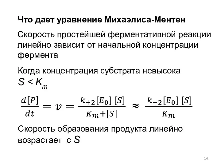 Что дает уравнение Михаэлиса-Ментен Скорость простейшей ферментативной реакции линейно зависит от начальной концентрации