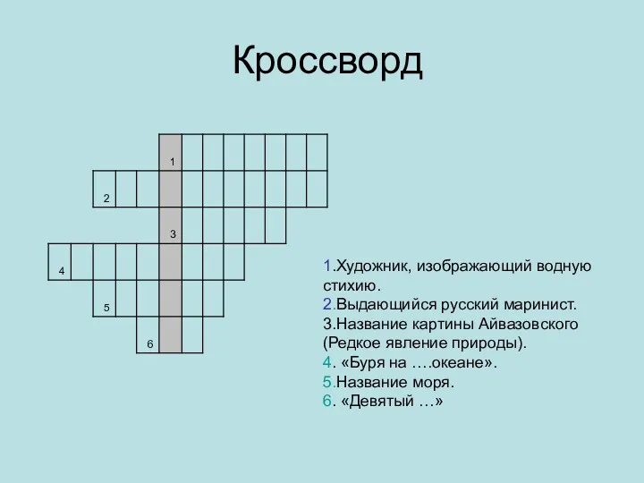 Кроссворд 1.Художник, изображающий водную стихию. 2.Выдающийся русский маринист. 3.Название картины