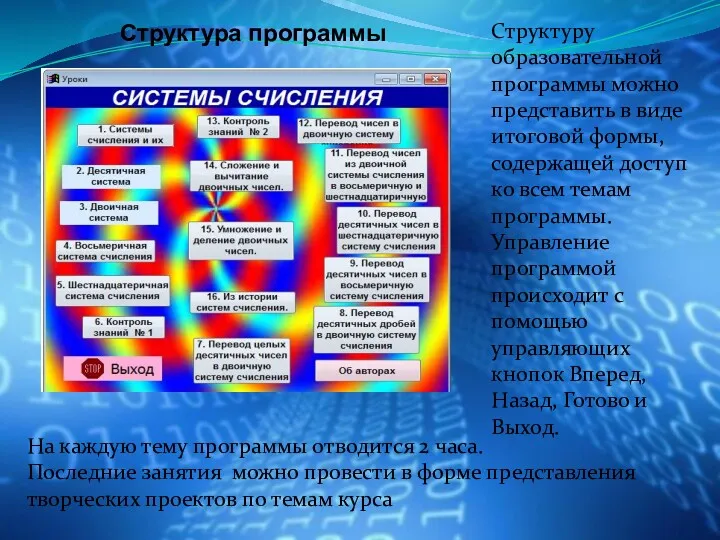 Структура программы Структуру образовательной программы можно представить в виде итоговой