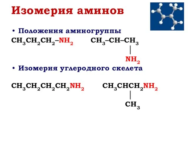 Изомерия аминов Положения аминогруппы CH3CH2CH2–NH2 CH3–CH–CH3 │ NH2 Изомерия углеродного скелета CH3CH2CH2CH2NH2 CH3CHCH2NH2 │ CH3