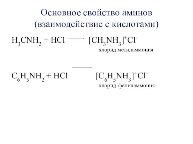 Основное свойство аминов (взаимодействие с кислотами) H3CNH2 + HCl [CH3NH3]+Cl-