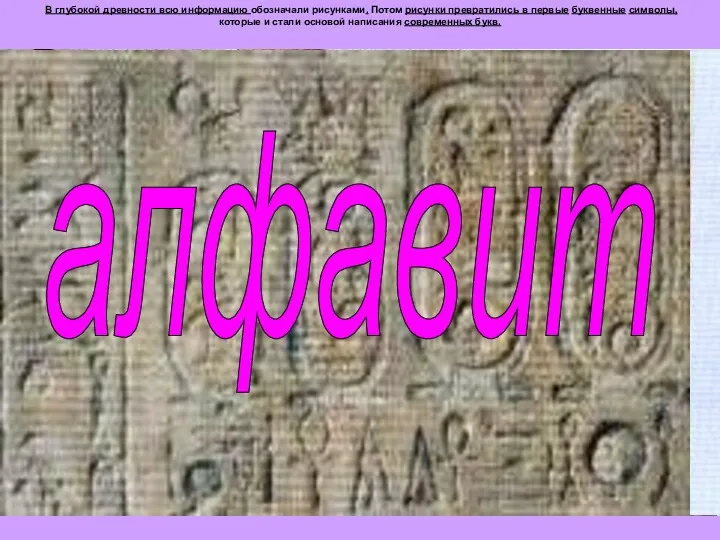 В глубокой древности всю информацию обозначали рисунками. Потом рисунки превратились в первые буквенные