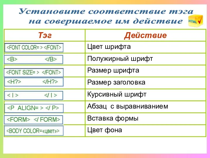 Установите соответствие тэга на совершаемое им действие