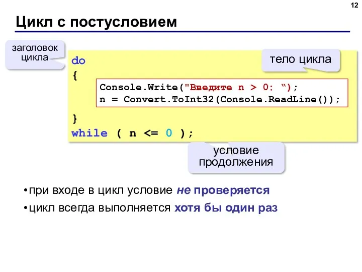 Цикл с постусловием do { } while ( n условие