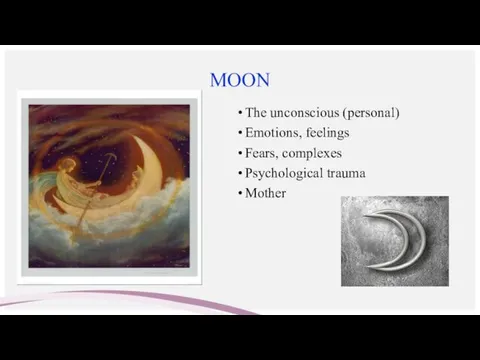 MOON The unconscious (personal) Emotions, feelings Fears, complexes Psychological trauma Mother
