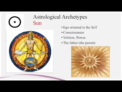 Astrological Archetypes Sun Ego oriented to the Self Consciousness Volition. Power. The father (the parent)